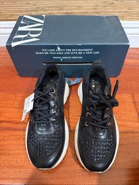 Zara Black Crochet Knit Woven Platform Sneakers